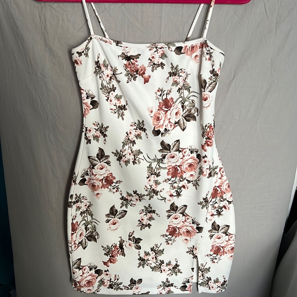 Spaghetti strap cream dress with pink roses all over. Maxi dress.